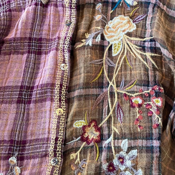 Johnny Was Pink and Brown Embroidered Plaid Top - Picture 7 of 7